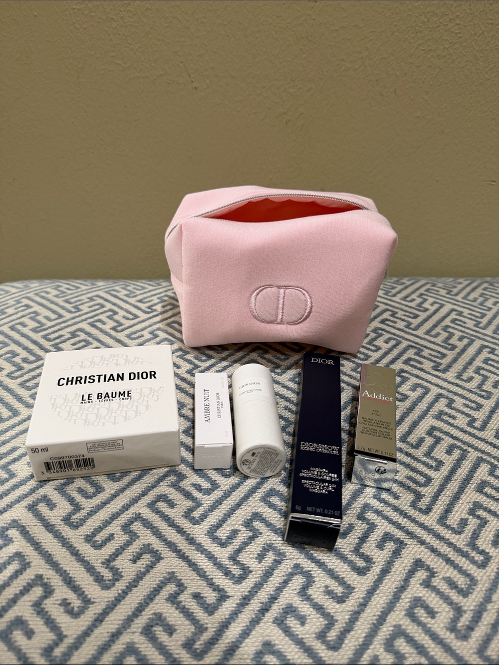 Dior Light Pink Embroidered Cosmetic Pouch with goodies